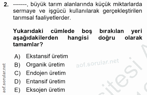 2. soru: --, büyük tarım alanlarında küçük miktarlarda sermaye ve işgücü kullanılarak gerçekleştırilen tarımsal faaliyetlerder…