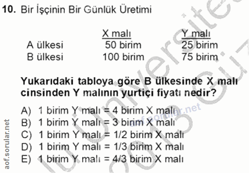10. soru: Bir İşçinin Bir Günlük Üretimi X malı Y malı A ülkesi 50 birim 25 birim B ülkesi 100 birim 75 birim Yukarıdaki tabloy…