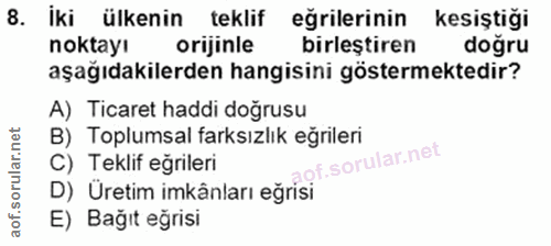 8. soru: İki ülkenin teklif egrilerinin kesiştiği noktay! orijinle birleştiren dogru aşağıdakilerden hangisini göstermektedir?…