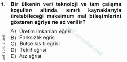 1. soru: Bir ülkenin veri teknoloji ve tam çalışma koşulları altında, sınırlı kaynaklarıyla üretebileceği maksimum mal bileşim…