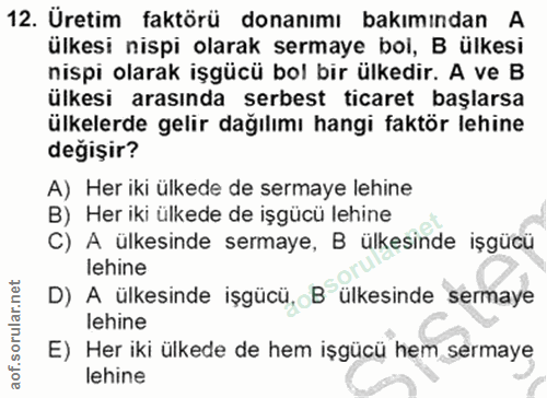 12. soru: Üretim faktörü donanımı bakımından A ülkesi nispi olarak sermaye bol, B ülkesi nispi olarak işgücü bol bir ülkedir. A…