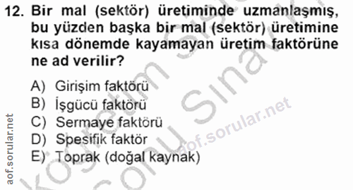 12. soru: Bir mal (sektör) üretiminde uzmanlaşmış, bu yüzden başka bir mal (sektör) üretimine kısa dönemde kayamayan üretim fak…