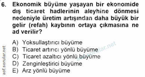 6. soru: Ekonomik büyüme yaşayan bir ekonomide dış ticaret hadlerinin aleyhine dönmesi nedeniyle üretim artışından daha büyük…