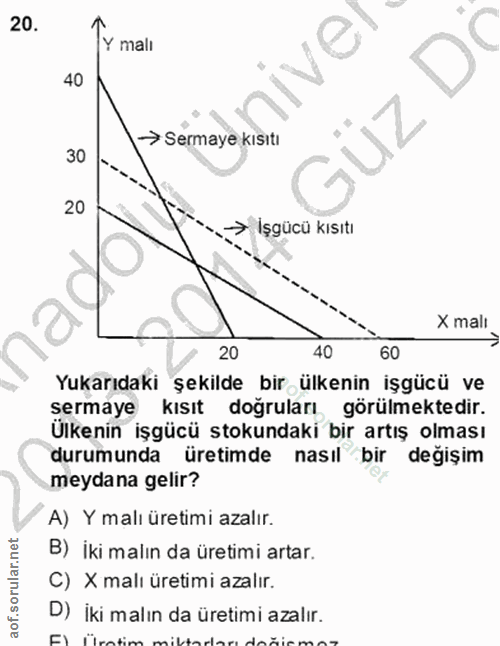 20. soru: Y malı Ne 40 → Sermaye kısıtı 30 30 20 → Işgücü kısıtı X mali 20 40 60 Yukarıdaki şekilde bir ülkenin işgücü ve serma…