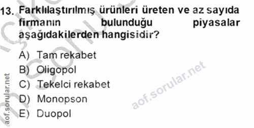 13. soru: Farklılaştırılmış ürünleri üreten ve az sayıda firmanın bulunduğu piyasalar aşağıdakilerden hangisidir? A) Tam rekabe…