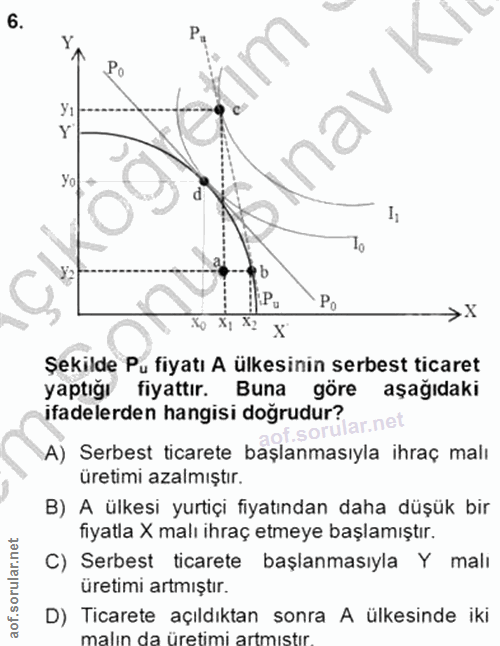 6. soru: P. У1 Y Yo Io Pu Po > x Şekilde Pu fiyatı A ülkesinin serbest ticaret yaptığı fiyattır. Buna göre aşağıdaki ifadelerd…
