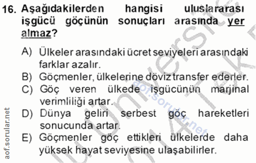 16. soru: Aşağıdakilerden hangisi uluslararası işgücü göçünün sonuçları arasında yer almaz? A) Ulkeler arasındaki ücret seviyel…