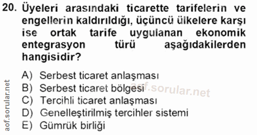20. soru: Üyeleri arasındaki ticarette tarifelerin ve engellerin kaldırıldığı, üçüncü ülkelere karşı ortak tarife uygulanan eko…