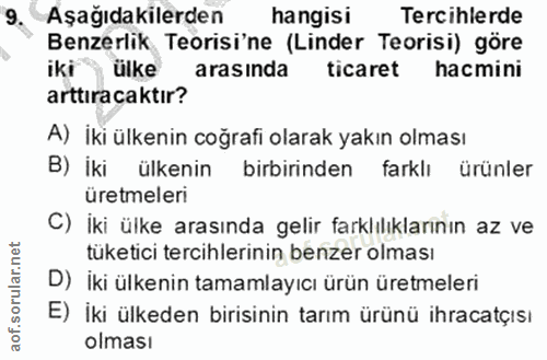 9. soru: Aşağıdakilerden hangisi Tercihlerde Benzerlik Teorisi'ne (Linder Teorisi) göre iki ülke arasında ticaret hacmini artt…