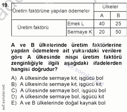 19. soru: Ulkeler Üretim faktörüne yapılan ödemeler A Üretim faktörü Emek L 40 25 Sermaye K 20 50 A ve B ülkelerinde üretim fak…