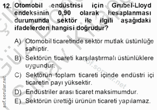 12. soru: Otomobil endüstrisi için Grubel-Lloyd endeksinin 0,90 olarak hesaplanması durumunda sektör , ile ilgili" aşağıdaki if…