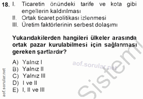 18. soru: I. Ticaretin önündeki tarife ve kota gibi engellerin kaldırılması II. Ortak ticaret politikası izlenmesi III. Uretim…
