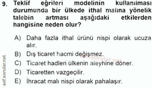 9. soru: Teklif eğrileri modelinin kullanılması durumunda bir ülkede ithal malına yönelik talebin artması aşağıdaki etkilerden…