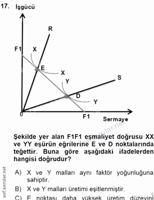 17. soru: İşgücü R x Y S D F1 Sermaye Şekilde yer alan F1F1 eşmaliyet doğrusu XX ve YY eşürün eğrilerine E ve D noktalarında te…