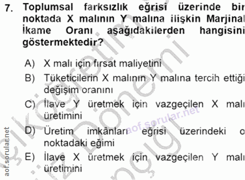 7. soru: Toplumsal farksızlık eğrisi üzerinde bir noktada X malının Y malına ilişkin Marjina ikame Oranı, aşağıdakilerden hang…