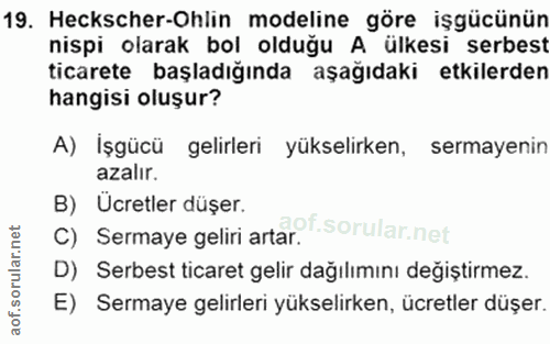 19. soru: Heckscher-Ohlin modeline göre işgücünün nispi olarak bol olduğu A ülkesi serbest ticarete başladığında aşağıdaki etki…
