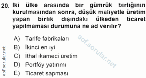 20. soru: İki ülke arasında bir gümrük birliğinin kurulmasından sonra, düşük maliyetle üretim yapan birlik dışındaki ülkeden ti…