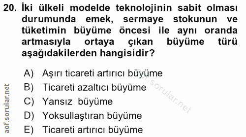 20. soru: İki ülkeli modelde teknolojinin sabit olması durumunda emek, sermaye stokunun ve tüketimin büyüme öncesi ile aynı ora…