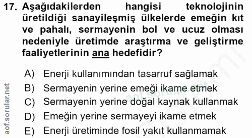 17. soru: Aşağıdakilerden hangisi teknolojinin üretildiği sanayileşmiş ülkelerde emeğin kıt ve pahalı, sermayenin bol ve ucuz o…