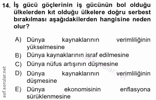 14. soru: İş gücü göçlerinin iş gücünün bol olduğu ülkelerden kıt olduğu ülkelere doğru serbest bırakılması aşağıdakilerden han…