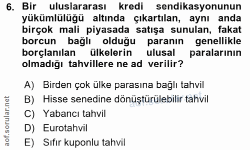 6. soru: Bir uluslararası kredi endikasyonunun yükümlülüğü altında çıkartılan, aynı anda birçok mali piyasada satışa sunulan,…