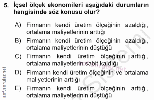 5. soru: İçsel ölçek ekonomileri aşağıdaki durumların hangisinde söz konusu olur? A) Firmanın kendi üretim ölçeğinin azaldığı,…