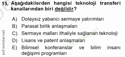 15. soru: Aşağıdakilerden hangisi teknoloji transferi kanallarından biri değildir? A) Dolaysız yabancı sermaye yatırımları B) P…