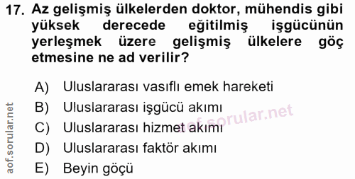 17. soru: Az gelişmiş ülkelerden doktor, mühendis gibi yüksek derecede eğitilmiş işgücünün yerleşmek üzere gelişmiş ülkelere gö…