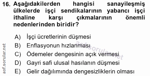 16. soru: Aşağıdakilerden hangisi sanayileşmiş ülkelerde işçi sendikalarının yabancı işçi ithaline karşı çıkmalarının önemli ne…