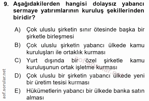 9. soru: Aşağıdakilerden hangisi dolaysız yabancı sermaye yatırımlarının kuruluş şekillerinden biridir? A) Çok uluslu şirketin…