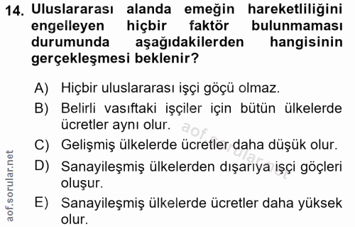 14. soru: Uluslararası alanda emeğin hareketliliğini engelleyen hiçbir faktör bulunmaması durumunda aşağıdakilerden hangisinin…