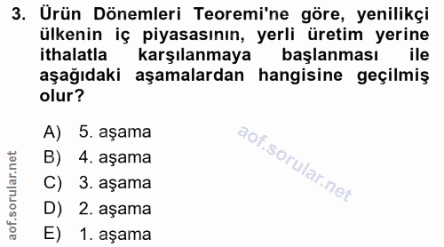 3. soru: Urün Dönemleri Teoremi'ne göre, yenilikçi ülkenin iç piyasasının, yerli üretim yerine ithalatla karşılanmaya başlanma…