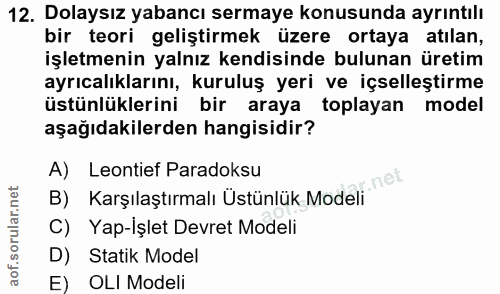 12. soru: Dolaysız yabancı sermaye konusunda ayrıntılı bir teori geliştirmek üzere ortaya atılan, işletmenin yalnız kendisinde…