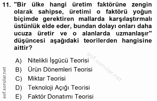 11. soru: "Bir ülke hangi üretim faktörüne zengin olarak sahipse, üretimi o faktörü yoğun biçimde gerektiren mallarda karşılaşt…