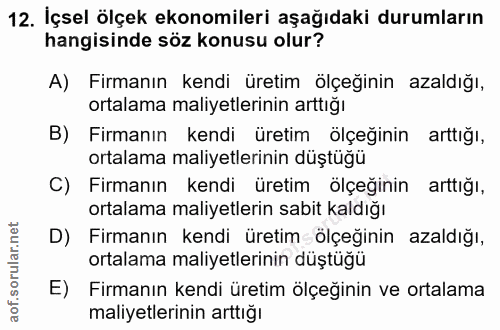 12. soru: İçsel ölçek ekonomileri aşağıdaki durumların hangisinde söz konusu olur? A) Firmanın kendi üretim ölçeğınin azaldığı,…