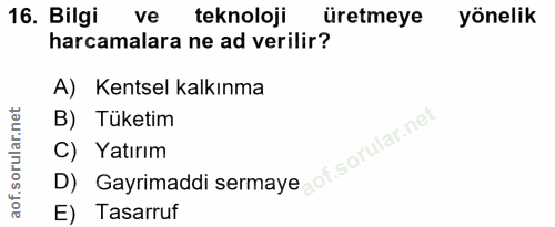 16. soru: Bilgi ve teknoloji üretmeye yönelik harcamalara ne ad verilir? A) Kentsel kalkınma B) Tüketim C) Yatırım D) Gayrimadd…