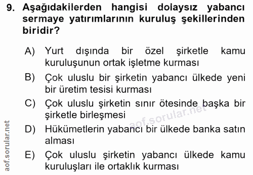 9. soru: Aşağıdakilerden hangisi dolaysız yabancı sermaye yatırımlarının kuruluş şekillerinden biridir? A) Yurt dışında bir öz…