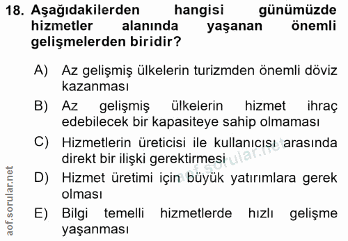 18. soru: Aşağıdakilerden hangisi günümüzde hizmetler alaninda yaşanan önemli gelişmelerden biridir? A) Az gelişmiş ülkelerin t…