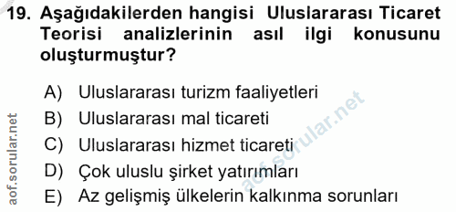 19. soru: Aşağıdakilerden hangisi Uluslararası Ticaret Teorisi analizlerinin asıl ilgi konusunu oluşturmuştur? A) Uluslararası…