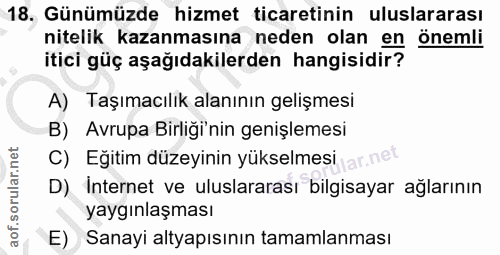 18. soru: Günümüzde hizmet ticaretinin uluslararası nitelik kazanmasına neden olan en önemli itici güç aşağıdakilerden hangisid…