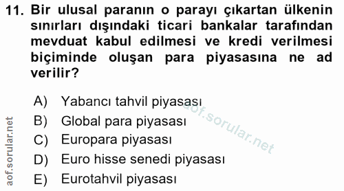 11. soru: Bir ulusal paranın o parayı çıkartan ülkenin sınırları dışındaki ticari bankalar tarafından mevduat kabul edilmesi ve…