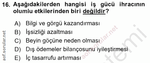 16. soru: Aşağıdakilerden hangisi iş gücü ihracının olumlu etkilerinden biri değildir? A) Bilgi ve görgü kazandırması B) İşsizl…