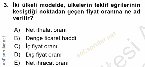 3. soru: İki ülkeli modelde, ülkelerin teklif eğrilerinin kesiştiği noktadan geçen fiyat oranına ne ad verilir? A) Net ithalat…