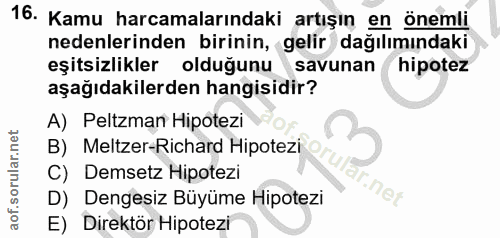 16. soru: Kamu harcamalarındaki artışın en önemli nedenlerinden birinin, gelir dağılımındaki eşitsizlikler olduğunu savunan hip…