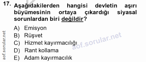17. soru: Aşağıdakilerden hangisi devletin aşırı büyümesinin ortaya cikardığı siyasal sorunlardan biri değildir? A) Emisyon C)…