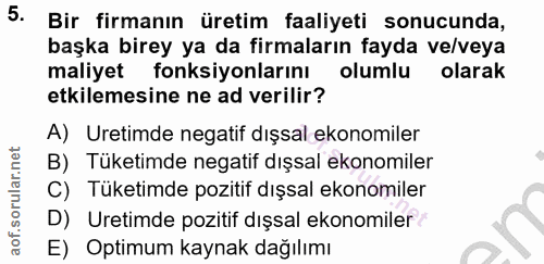 5. soru: Bir firmanın üretim faaliyeti sonucunda, başka birey ya da firmaların fayda ve/veya maliyet fonksiyonlarını olumlu ol…