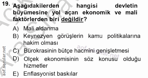 19. soru: Aşağıdakilerden hangisi devletin büyümesine yol açan ekonomik ve mali faktörlerden biri değildir? A) Mali aldanma B)…