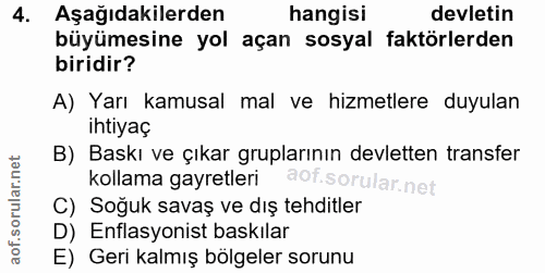 4. soru: Aşağıdakilerden hangisi devletin büyümesine yol açan sosyal faktörlerden biridir? A) Yarı kamusal mal ve hizmetlere d…