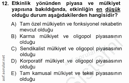 12. soru: Etkinlik yönünden piyasa ve mülkiyet yapısına bakıldığında, etkinliğin en düşük olduğu durum aşağıdakilerden hangisid…