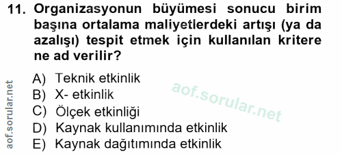 11. soru: Organizasyonun büyümesi sonucu birim başına ortalama maliyetlerdeki artışı (ya da azalışı) tespit etmek için kullanıl…